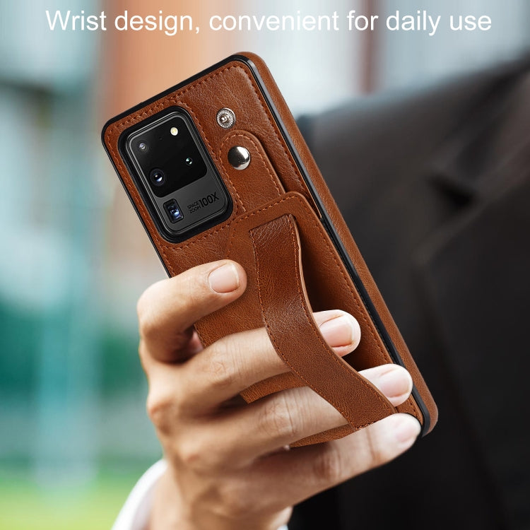 For Samsung Galaxy S20 Ultra Crazy Horse Texture Shockproof TPU + PU Leather Case with Card Slot & Wrist Strap Holder(Brown) by buy2fix