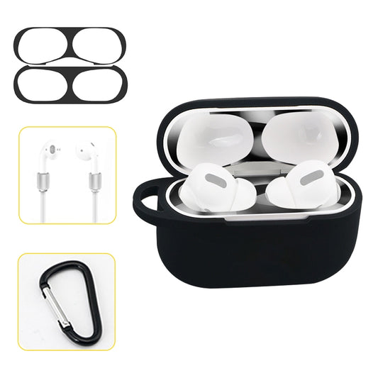 For AirPods Pro Silicone Wireless Earphone Protective Case Storage Box with Hook & Anti-drop Rope(Black+Black Inner Sticker) by buy2fix