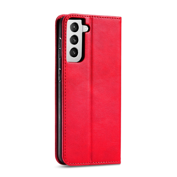 For Samsung Galaxy S21 FE Calf Texture Magnetic Horizontal Flip Leather Case with Holder & Card Slots & Wallet(Red) by buy2fix