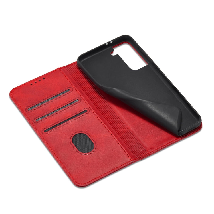 For Samsung Galaxy S21 FE Calf Texture Magnetic Horizontal Flip Leather Case with Holder & Card Slots & Wallet(Red) by buy2fix