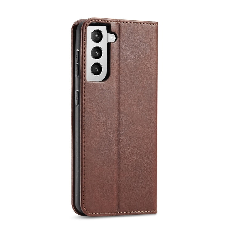 For Samsung Galaxy S21 FE Calf Texture Magnetic Horizontal Flip Leather Case with Holder & Card Slots & Wallet(Brown) by buy2fix