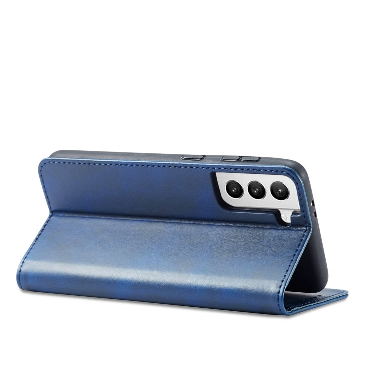 For Samsung Galaxy S21 FE Calf Texture Magnetic Horizontal Flip Leather Case with Holder & Card Slots & Wallet(Blue) by buy2fix