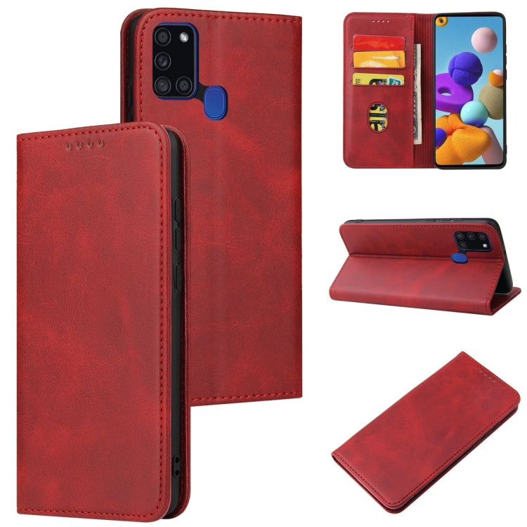 For Samsung Galaxy A21s Calf Texture Magnetic Horizontal Flip Leather Case with Holder & Card Slots & Wallet(Red) by buy2fix