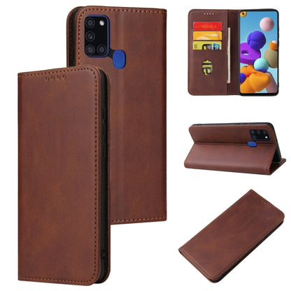 For Samsung Galaxy A21s Calf Texture Magnetic Horizontal Flip Leather Case with Holder & Card Slots & Wallet(Brown) by buy2fix