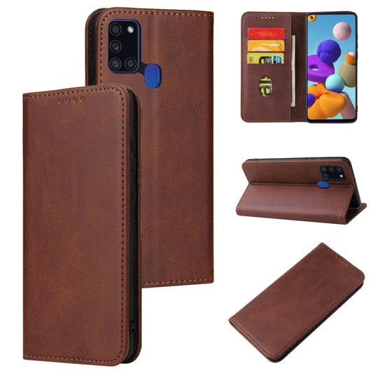 For Samsung Galaxy A21s Calf Texture Magnetic Horizontal Flip Leather Case with Holder & Card Slots & Wallet(Brown) by buy2fix