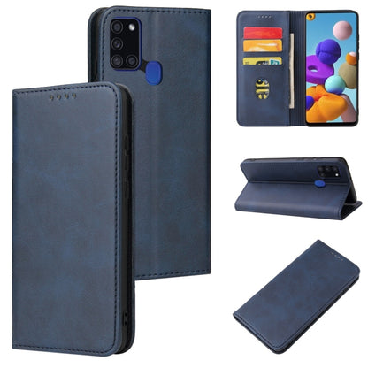 For Samsung Galaxy A21s Calf Texture Magnetic Horizontal Flip Leather Case with Holder & Card Slots & Wallet(Blue) by buy2fix
