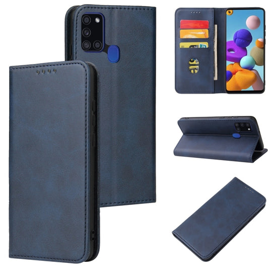 For Samsung Galaxy A21s Calf Texture Magnetic Horizontal Flip Leather Case with Holder & Card Slots & Wallet(Blue)