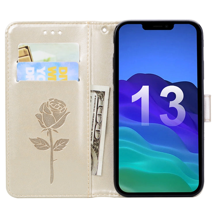 For iPhone 13 Rose Embossed Horizontal Flip PU Leather Case with Holder & Card Slots & Wallet(Gold) - iPhone 13 Cases by buy2fix | Online Shopping UK | buy2fix