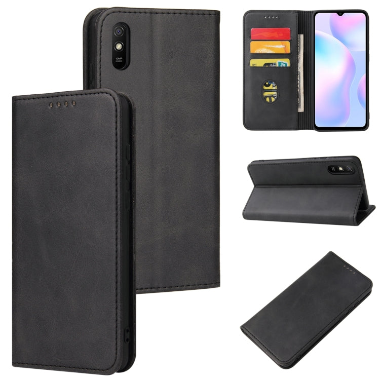 For Xiaomi Redmi 9A Calf Texture Magnetic Horizontal Flip Leather Case with Holder & Card Slots & Wallet(Black) - Xiaomi Cases by buy2fix | Online Shopping UK | buy2fix