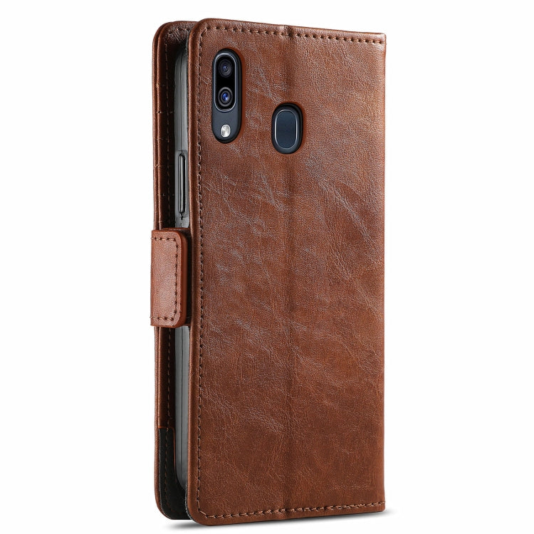 For Samsung Galaxy A20 CaseNeo Business Splicing Dual Magnetic Buckle Horizontal Flip PU Leather Case with Holder & Card Slots & Wallet(Brown) by buy2fix