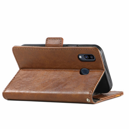 For Samsung Galaxy A20 CaseNeo Business Splicing Dual Magnetic Buckle Horizontal Flip PU Leather Case with Holder & Card Slots & Wallet(Brown) by buy2fix