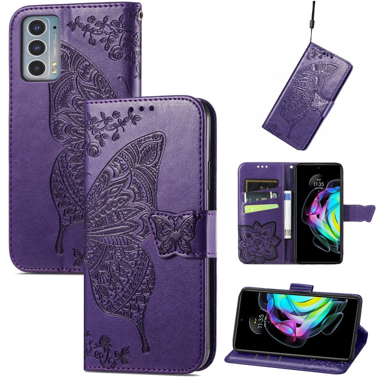 For Motorola Moto Edge 20 Butterfly Love Flower Embossed Horizontal Flip Leather Case with Holder & Card Slots & Wallet & Lanyard(Dark Purple) - Motorola Cases by buy2fix | Online Shopping UK | buy2fix