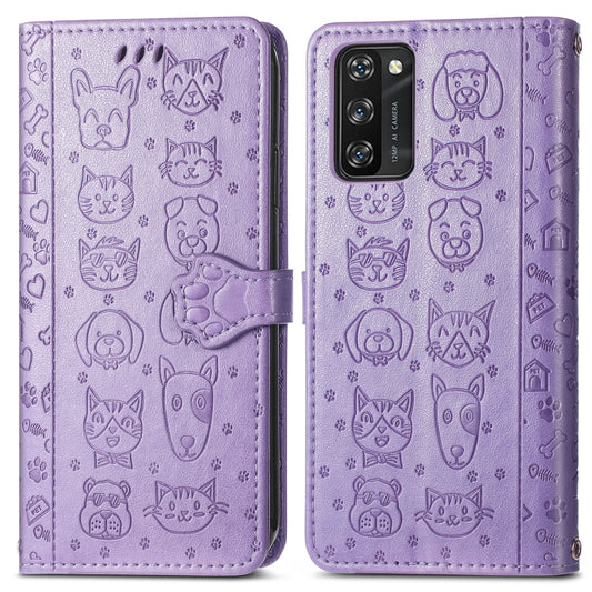 For Blackview A100 Lovely Cat and Dog Embossing Pattern Horizontal Flip Leather Case , with Holder & Card Slots & Wallet & Cartoon Clasp & Lanyard(Purple) by buy2fix