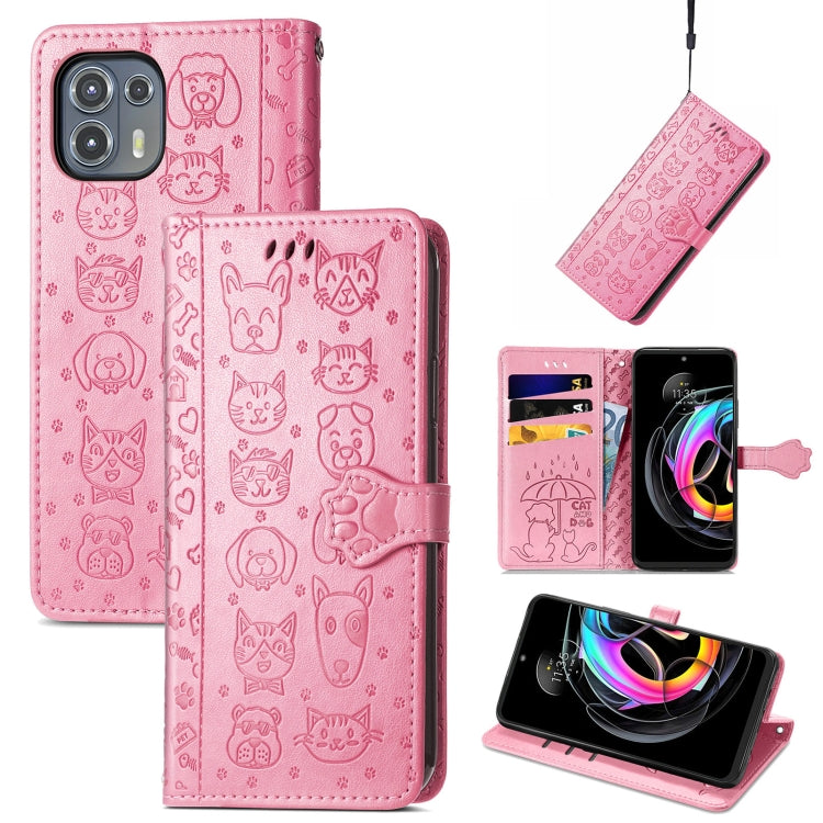 For Motorola Moto Edge 20 Lite Lovely Cat and Dog Embossing Pattern Horizontal Flip Leather Case , with Holder & Card Slots & Wallet & Cartoon Clasp & Lanyard(Pink) - Motorola Cases by buy2fix | Online Shopping UK | buy2fix