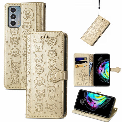 For Motorola Moto Edge 20 Lovely Cat and Dog Embossing Pattern Horizontal Flip Leather Case , with Holder & Card Slots & Wallet & Cartoon Clasp & Lanyard(Gold) - Motorola Cases by buy2fix | Online Shopping UK | buy2fix