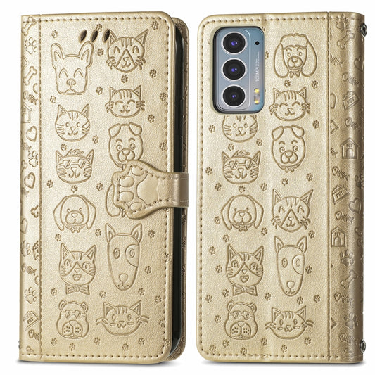 For Motorola Moto Edge 20 Lovely Cat and Dog Embossing Pattern Horizontal Flip Leather Case , with Holder & Card Slots & Wallet & Cartoon Clasp & Lanyard(Gold) by buy2fix