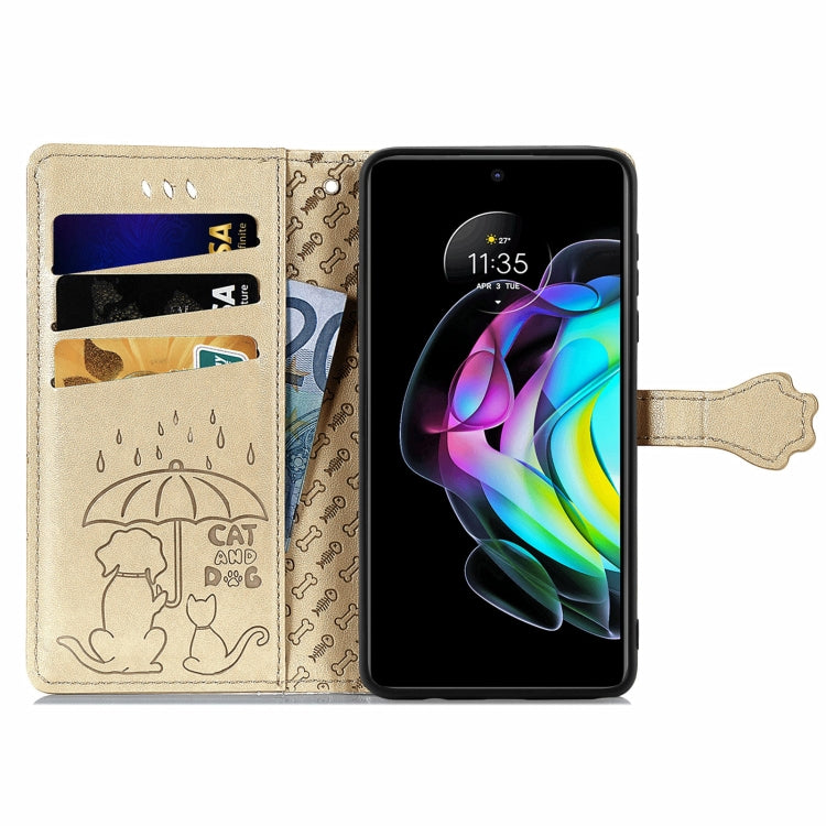 For Motorola Moto Edge 20 Lovely Cat and Dog Embossing Pattern Horizontal Flip Leather Case , with Holder & Card Slots & Wallet & Cartoon Clasp & Lanyard(Gold) - Motorola Cases by buy2fix | Online Shopping UK | buy2fix