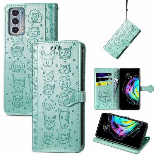 For Motorola Moto Edge 20 Lovely Cat and Dog Embossing Pattern Horizontal Flip Leather Case , with Holder & Card Slots & Wallet & Cartoon Clasp & Lanyard(Green) - Motorola Cases by buy2fix | Online Shopping UK | buy2fix