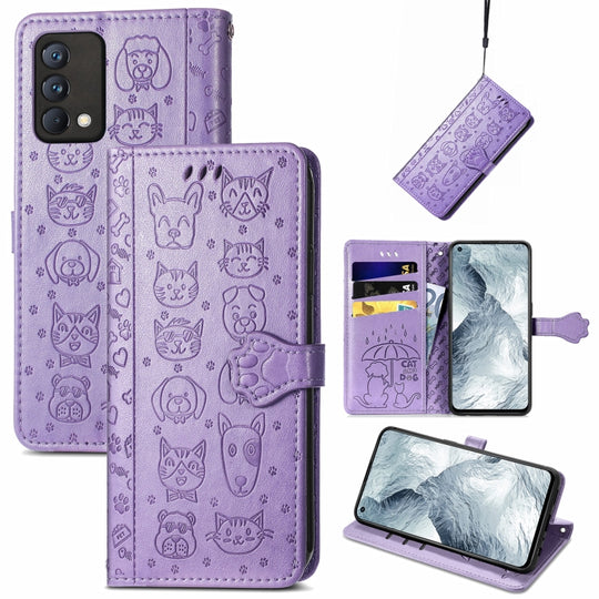 For OPPO Realme GT Master Lovely Cat and Dog Embossing Pattern Horizontal Flip Leather Case , with Holder & Card Slots & Wallet & Cartoon Clasp & Lanyard(Purple)