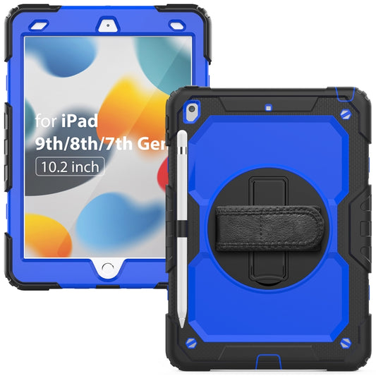 For iPad 10.2 2021 / 2020 / 2019 Shockproof Silicone + PC Protective Case with Holder & Shoulder Strap & Pen Slot(Black + Blue) - iPad 10.2 Cases by buy2fix | Online Shopping UK | buy2fix