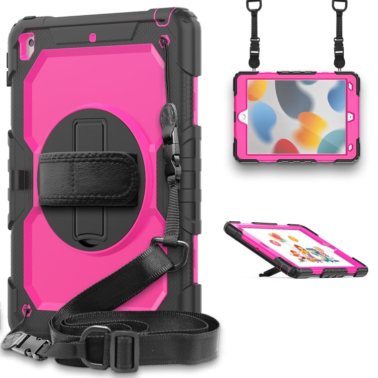 For iPad 10.2 2021 / 2020 / 2019 Shockproof Silicone + PC Protective Case with Holder & Shoulder Strap & Pen Slot(Black + Rose Red) - iPad 10.2 Cases by buy2fix | Online Shopping UK | buy2fix
