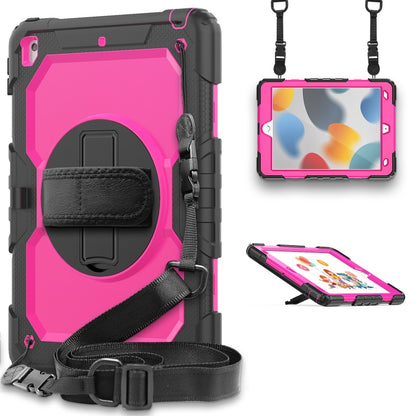 For iPad 10.2 2021 / 2020 / 2019 Shockproof Silicone + PC Protective Case with Holder & Shoulder Strap & Pen Slot(Black + Rose Red) - iPad 10.2 Cases by buy2fix | Online Shopping UK | buy2fix