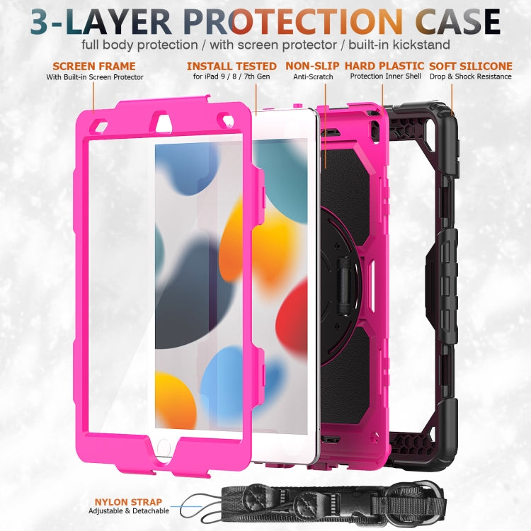 For iPad 10.2 2021 / 2020 / 2019 Shockproof Silicone + PC Protective Case with Holder & Shoulder Strap & Pen Slot(Black + Rose Red) - iPad 10.2 Cases by buy2fix | Online Shopping UK | buy2fix