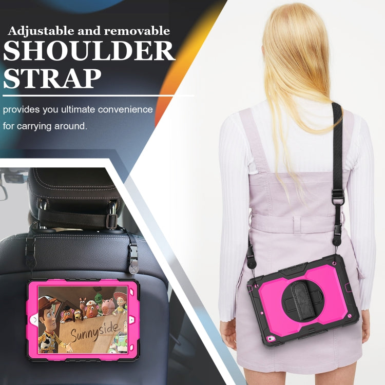 For iPad 10.2 2021 / 2020 / 2019 Shockproof Silicone + PC Protective Case with Holder & Shoulder Strap & Pen Slot(Black + Rose Red) - iPad 10.2 Cases by buy2fix | Online Shopping UK | buy2fix