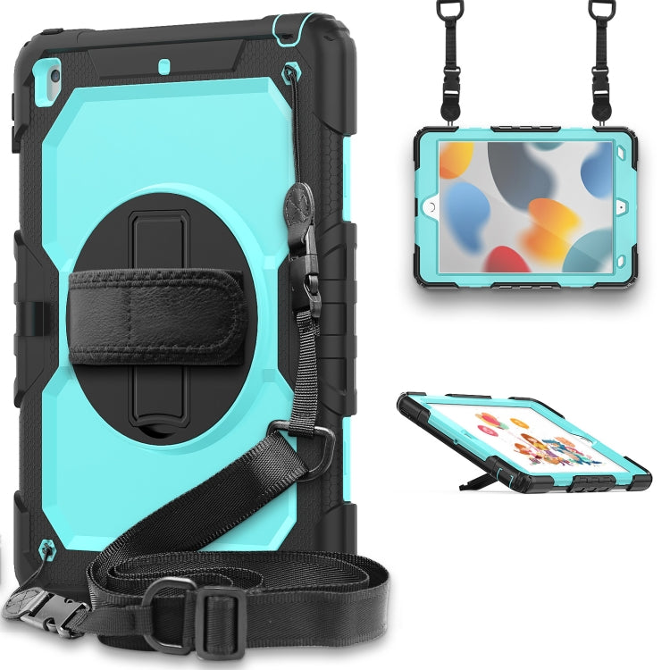 For iPad 10.2 2021 / 2020 / 2019 Shockproof Silicone + PC Protective Case with Holder & Shoulder Strap & Pen Slot(Black + Light Blue) - iPad 10.2 Cases by buy2fix | Online Shopping UK | buy2fix