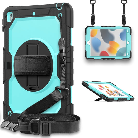 For iPad 10.2 2021 / 2020 / 2019 Shockproof Silicone + PC Protective Case with Holder & Shoulder Strap & Pen Slot(Black + Light Blue) - iPad 10.2 Cases by buy2fix | Online Shopping UK | buy2fix