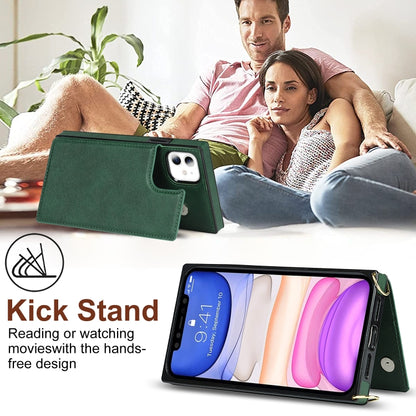 For iPhone 11 Cross-body Square Double Buckle Flip Card Bag TPU+PU Case with Card Slots & Wallet & Photo & Strap (Green) - iPhone 11 Cases by buy2fix | Online Shopping UK | buy2fix