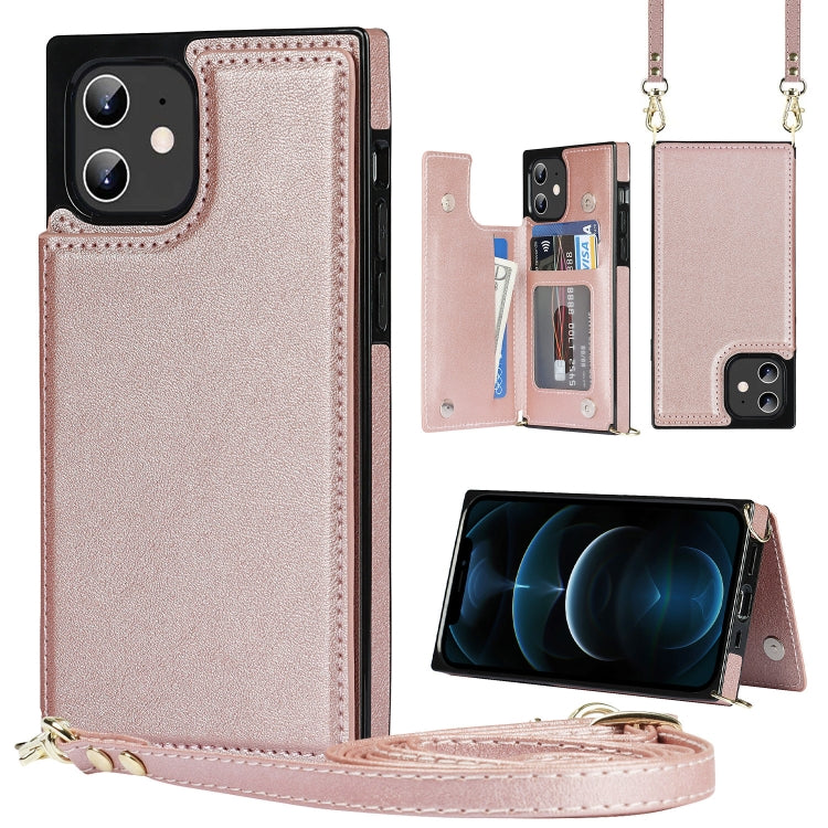 For iPhone 12 / 12 Pro Cross-body Square Double Buckle Flip Card Bag TPU+PU Case with Card Slots & Wallet & Photo & Strap(Rose Gold) - iPhone 12 / 12 Pro Cases by buy2fix | Online Shopping UK | buy2fix