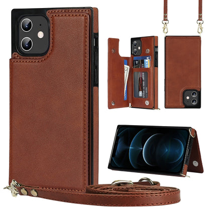 For iPhone 12 / 12 Pro Cross-body Square Double Buckle Flip Card Bag TPU+PU Case with Card Slots & Wallet & Photo & Strap(Brown) - iPhone 12 / 12 Pro Cases by buy2fix | Online Shopping UK | buy2fix