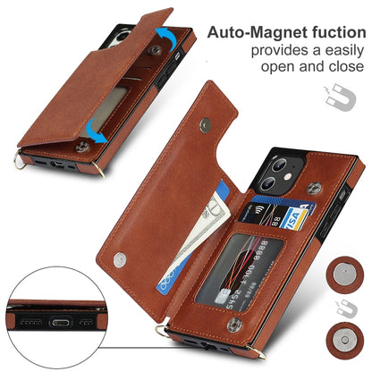 For iPhone 12 / 12 Pro Cross-body Square Double Buckle Flip Card Bag TPU+PU Case with Card Slots & Wallet & Photo & Strap(Brown) - iPhone 12 / 12 Pro Cases by buy2fix | Online Shopping UK | buy2fix