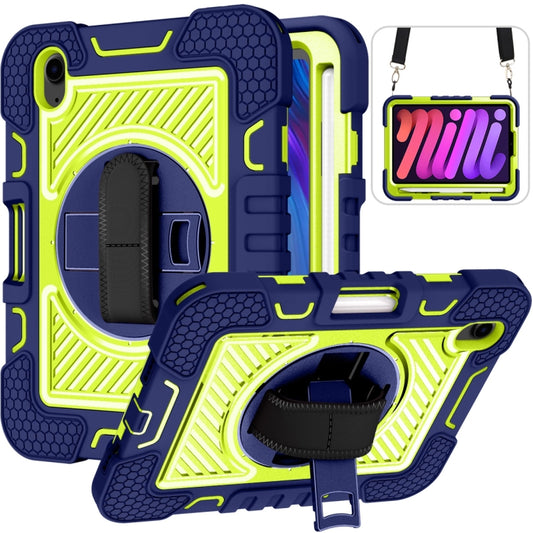 For iPad mini 2024 / mini 6 360 Degree Rotation Contrast Color Shockproof Silicone + PC Tablet Case with Holder & Hand Grip Strap & Shoulder Strap(Navy Blue+Yellow Green) - iPad mini 6 Cases by buy2fix | Online Shopping UK | buy2fix