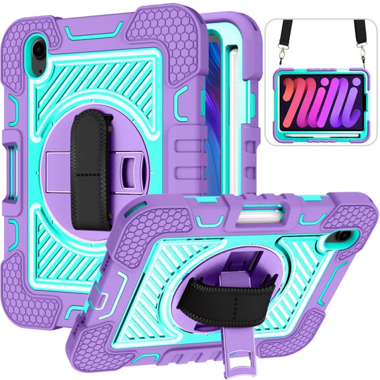 For iPad mini 2024 / mini 6 360 Degree Rotation Contrast Color Shockproof Silicone + PC Tablet Case with Holder & Hand Grip Strap & Shoulder Strap(Purple+Mint Green)