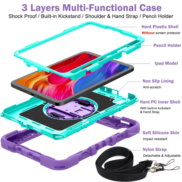 For iPad mini 2024 / mini 6 360 Degree Rotation Contrast Color Shockproof Silicone + PC Tablet Case with Holder & Hand Grip Strap & Shoulder Strap(Purple+Mint Green) - iPad mini 6 Cases by buy2fix | Online Shopping UK | buy2fix