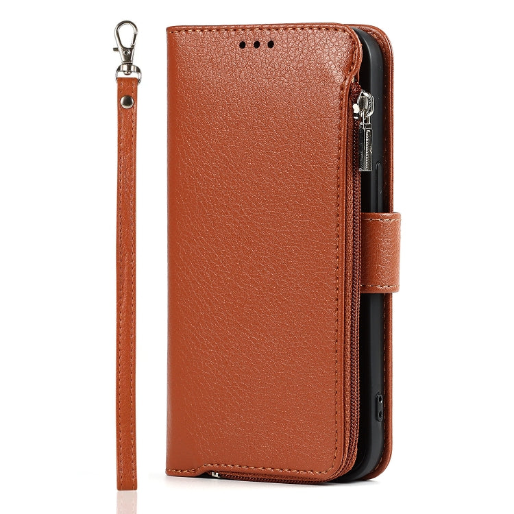 For iPhone 13 Microfiber Zipper Horizontal Flip Leather Case with Holder & Card Slots & Wallet(Brown) - iPhone 13 Cases by buy2fix | Online Shopping UK | buy2fix