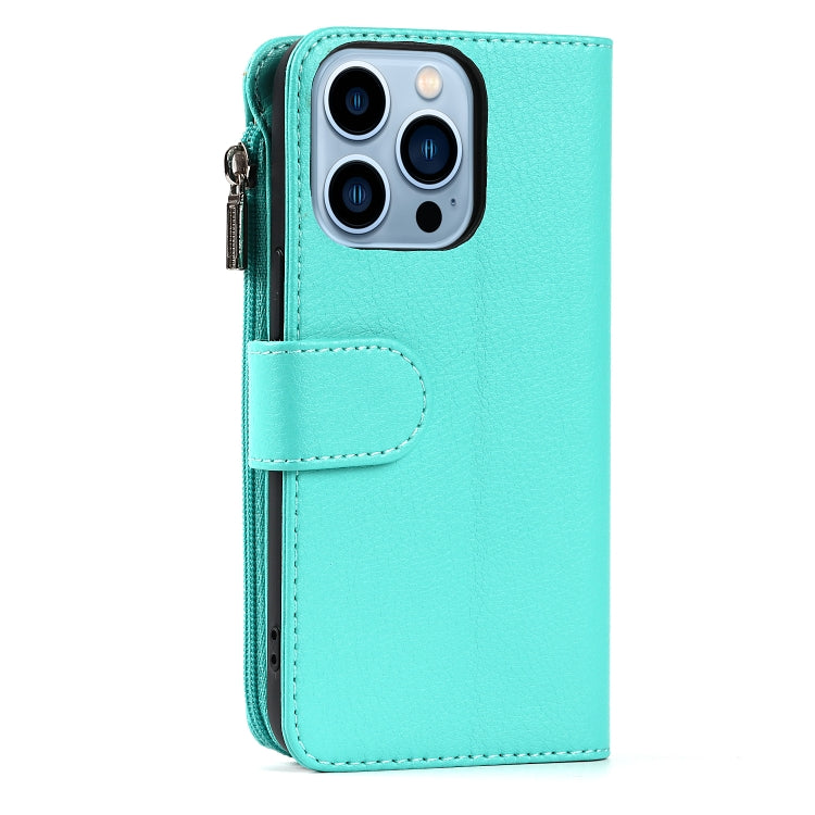 For iPhone 13 Microfiber Zipper Horizontal Flip Leather Case with Holder & Card Slots & Wallet(Mint Green) - iPhone 13 Cases by buy2fix | Online Shopping UK | buy2fix