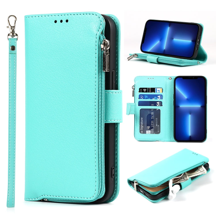 For iPhone 13 Pro Microfiber Zipper Horizontal Flip Leather Case with Holder & Card Slots & Wallet (Mint Green) - iPhone 13 Pro Cases by buy2fix | Online Shopping UK | buy2fix