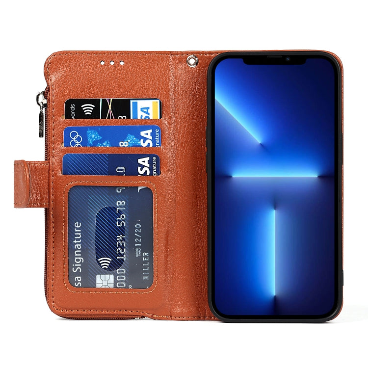 For iPhone 13 Pro Max Microfiber Zipper Horizontal Flip Leather Case with Holder & Card Slots & Wallet (Brown) - iPhone 13 Pro Max Cases by buy2fix | Online Shopping UK | buy2fix