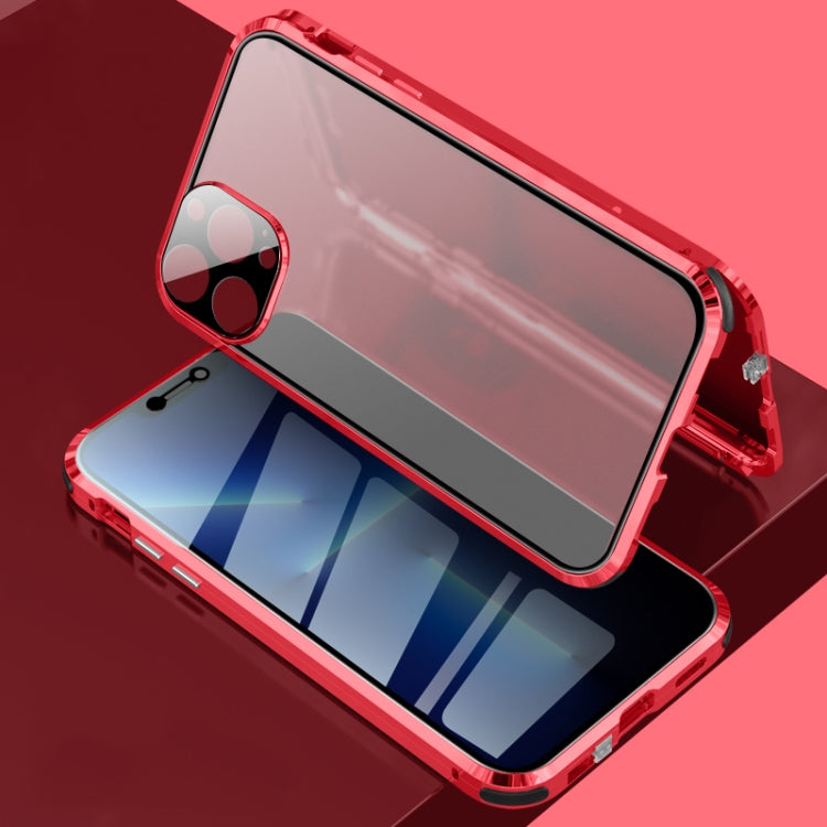 For iPhone 13 Pro Four-corner Shockproof Anti-peeping Magnetic Metal Frame Double-sided Tempered Glass Case (Red) by buy2fix