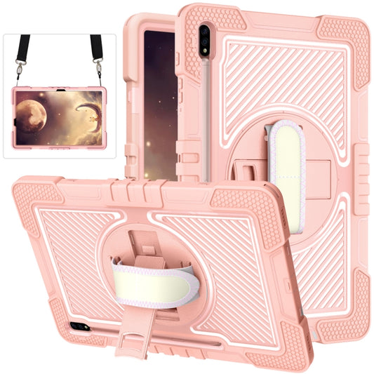 For Samsung Galaxy Tab S7 FE T730 / T735 / Tab S7+ T970 / T975 360 Degree Rotation Contrast Color Shockproof Silicone + PC Case with Holder & Hand Grip Strap & Shoulder Strap(Rose Gold) by buy2fix