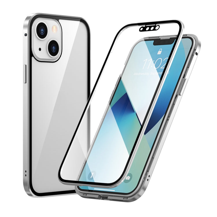 For iPhone 13 HD Magnetic Metal Frame Double-sided Tempered Glass Phone Case(Silver) - iPhone 13 Cases by buy2fix | Online Shopping UK | buy2fix