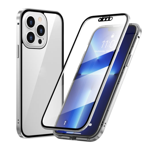For iPhone 13 Pro HD Magnetic Metal Frame Double-sided Tempered Glass Phone Case (Silver) - iPhone 13 Pro Cases by buy2fix | Online Shopping UK | buy2fix