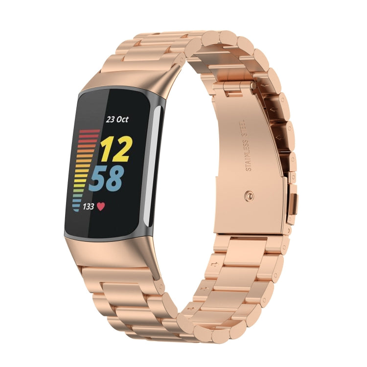For Fitbit Charge 5 Three-bead Stainless Steel Watch Band(Rose Gold) by buy2fix