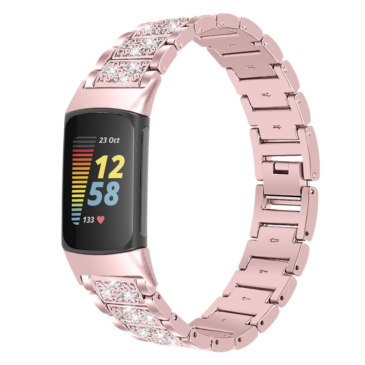 For Fitbit Charge 5 Diamond Stainless Steel Watch Band(Rose Pink) - Watch Bands by buy2fix | Online Shopping UK | buy2fix