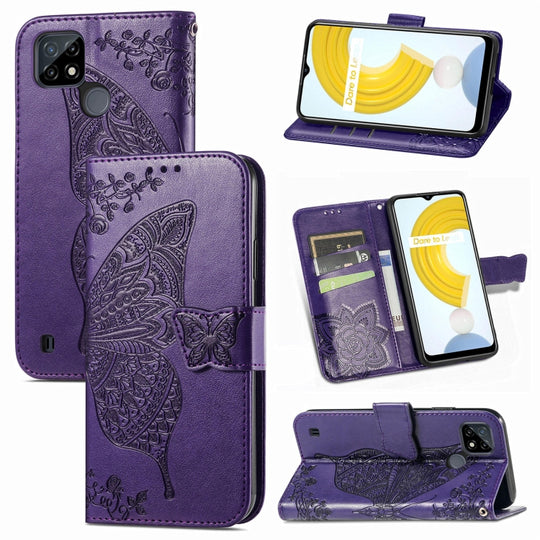 For OPPO Realme C21Y Butterfly Love Flowers Embossed Horizontal Flip Leather Case with Holder & Card Slots & Wallet & Lanyard(Dark Purple)