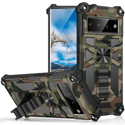 For Google Pixel 6 Pro Camouflage Armor Shockproof TPU + PC Magnetic Phone Case with Holder(Army Green) - Google Cases by buy2fix | Online Shopping UK | buy2fix