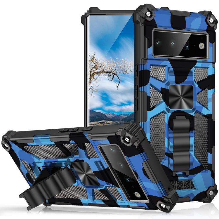 For Google Pixel 6 Pro Camouflage Armor Shockproof TPU + PC Magnetic Phone Case with Holder(Dark Blue) - Google Cases by buy2fix | Online Shopping UK | buy2fix